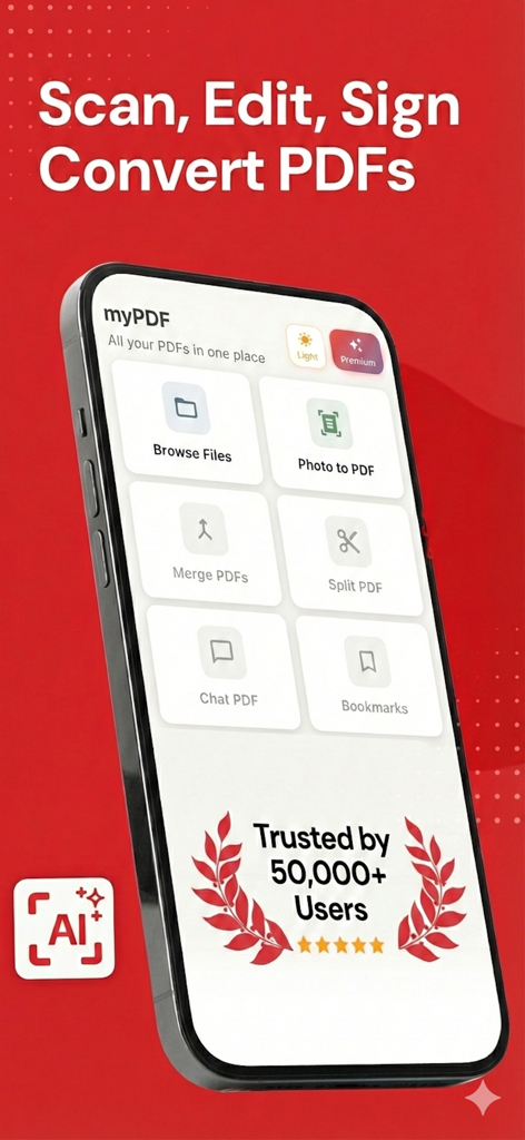 myPDF app home screen showing scan edit sign and chat features on a mobile device