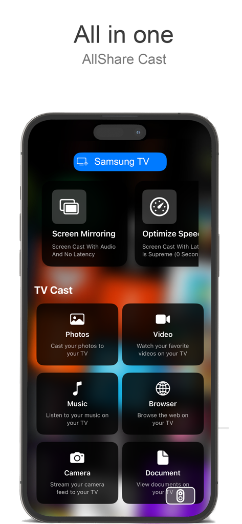 AllShare Cast app interface on iPhone showing screen mirroring and media casting options.