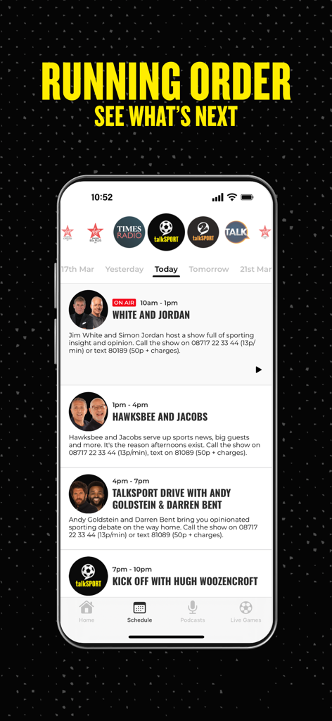 talkSPORT - The talkSPORT app interface showing the daily sports radio schedule and running order of shows