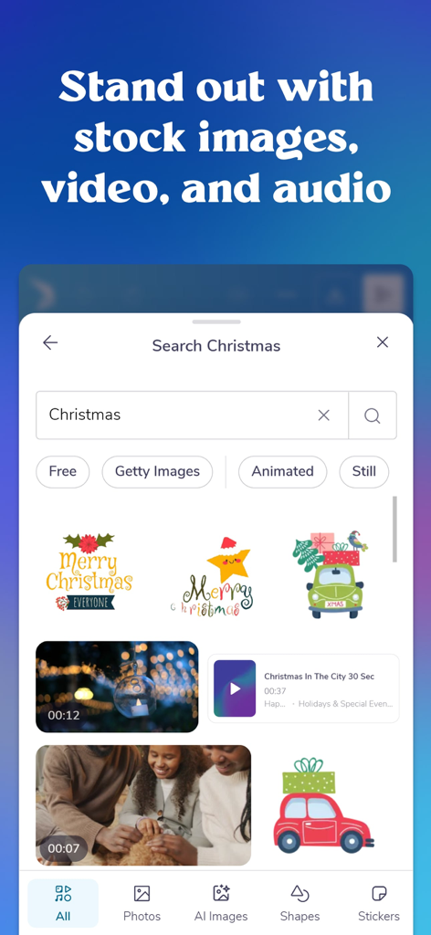 PosterMyWall: Design & Promote - Interface of PosterMyWall app showing a search for Christmas themed stock images videos and graphics