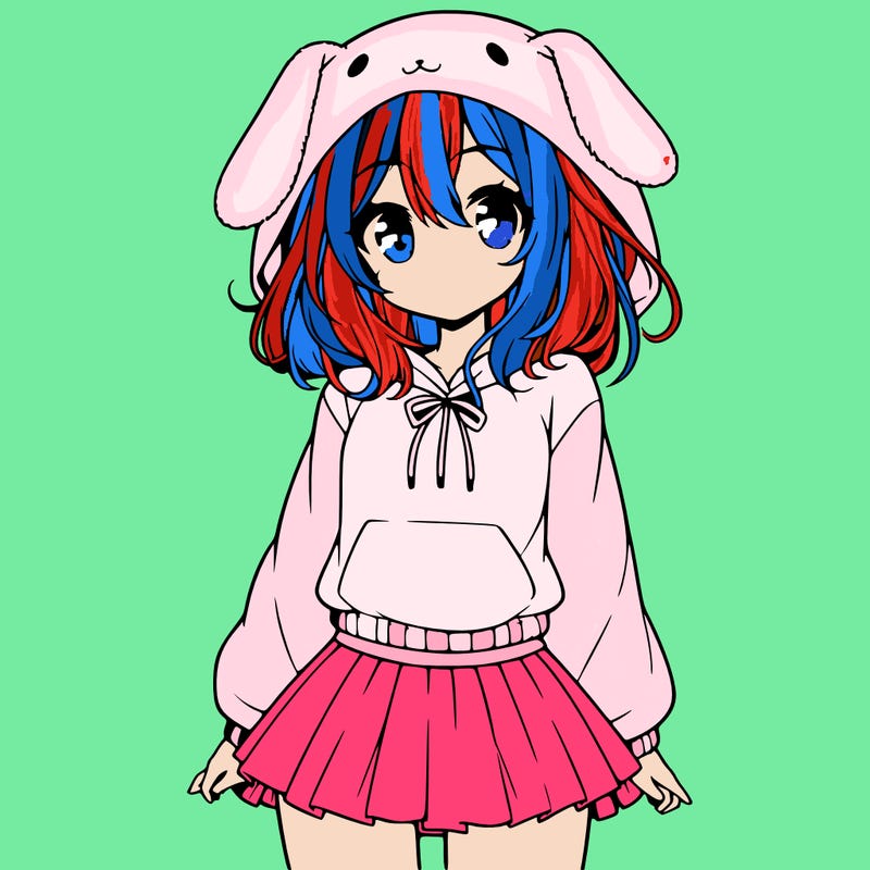 pretty anime girl wearing a fluffy hoodie with bunny ears on the hood and a skirt