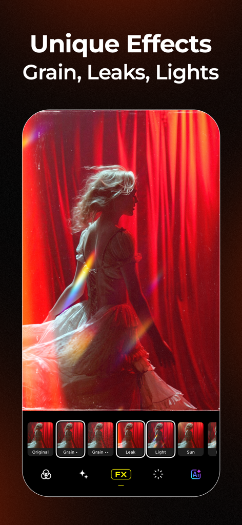 Interfaccia dell'app Visual LabX che mostra effetti fotografici unici tra cui grana e riflessi di luce su un ritratto in stile vintage