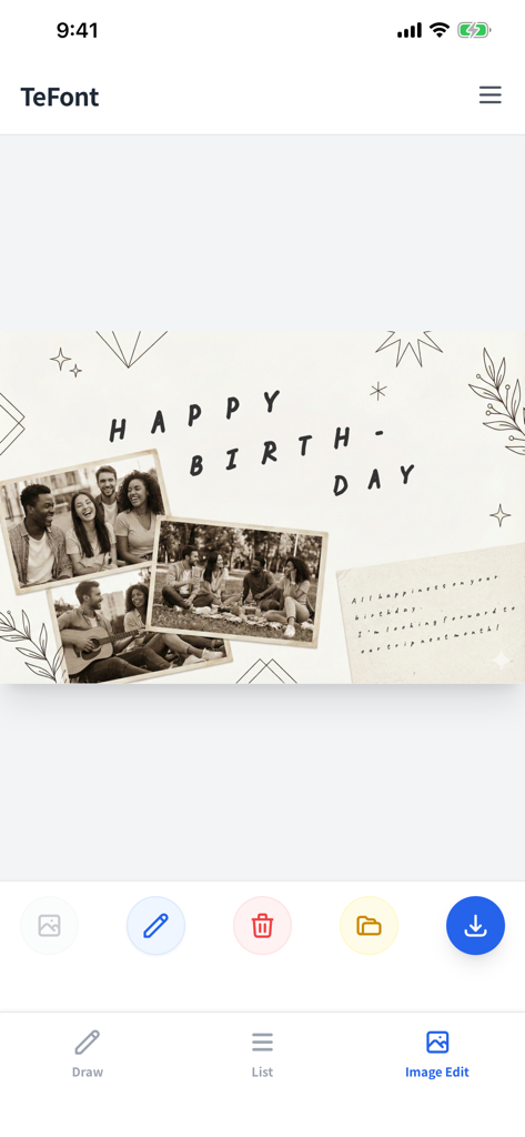 Interface de l'application TeFont montrant une conception de carte d'anniversaire créée avec une écriture manuscrite personnalisée et des photos