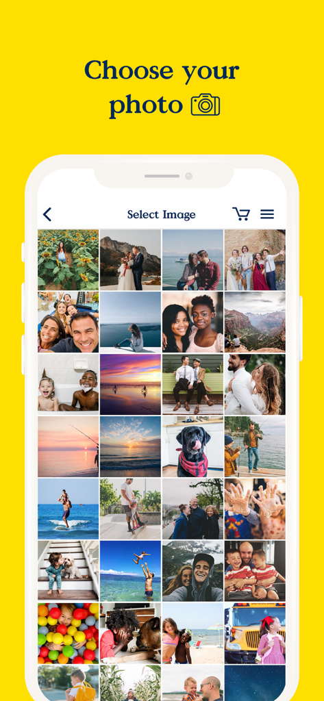 A mobile phone screen displaying the Keepsake Frames app interface with a grid of personal photos for the user to select for framing