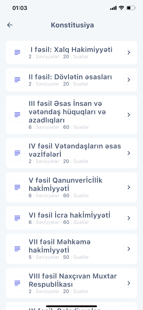 Dovlet Qullugu - Mobile app screen showing a list of chapters from the Azerbaijani Constitution for civil service exam preparation