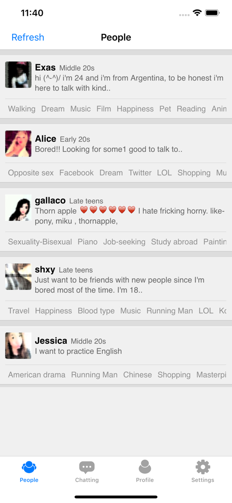 Fav Talk Pro - hobby Chatting - A list of user profiles on Fav Talk Pro app showing interests like music, film, and language learning