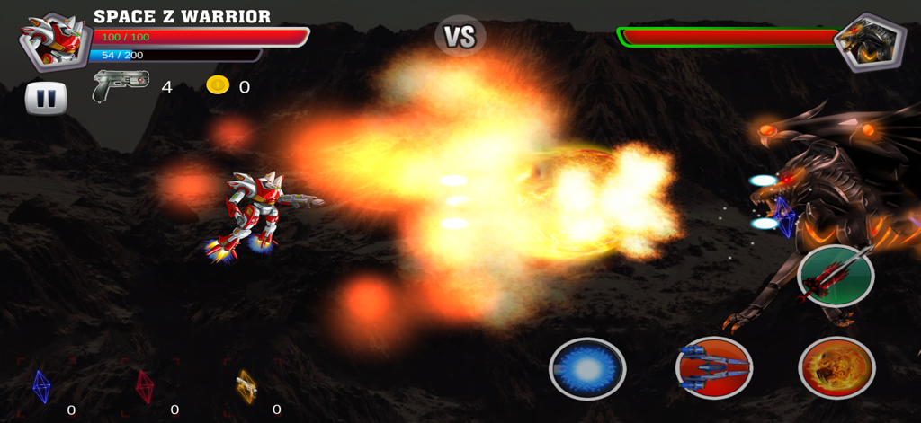 Gameplay screenshot of a red and white robot fighting a giant mechanical dragon boss with fire effects in Robot Battle