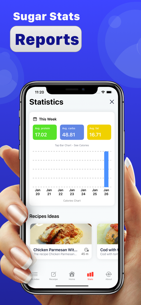 Diabetic carb counter - A smartphone displaying the statistics screen of the Diabetic Carb Counter app showing weekly averages for protein, carbs, and fat alongside low-sugar recipe ideas.