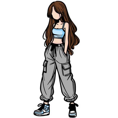 girl in baggy pants crop top and long hair