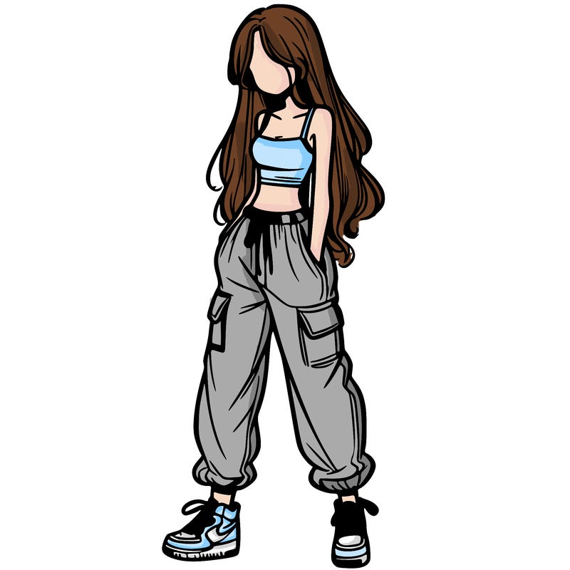 girl in baggy pants crop top and long hair