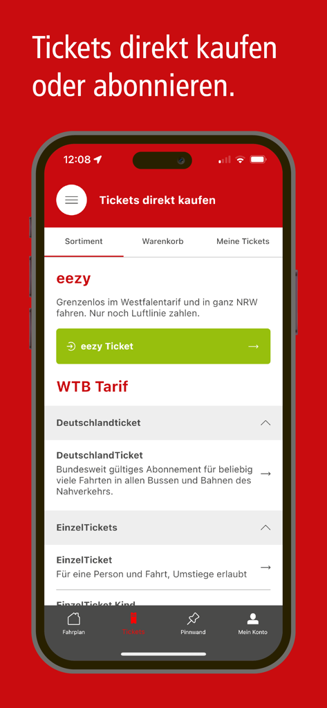 Interface de l'application Lippemobil montrant diverses options de billets numériques, y compris eezy et Deutschlandticket.