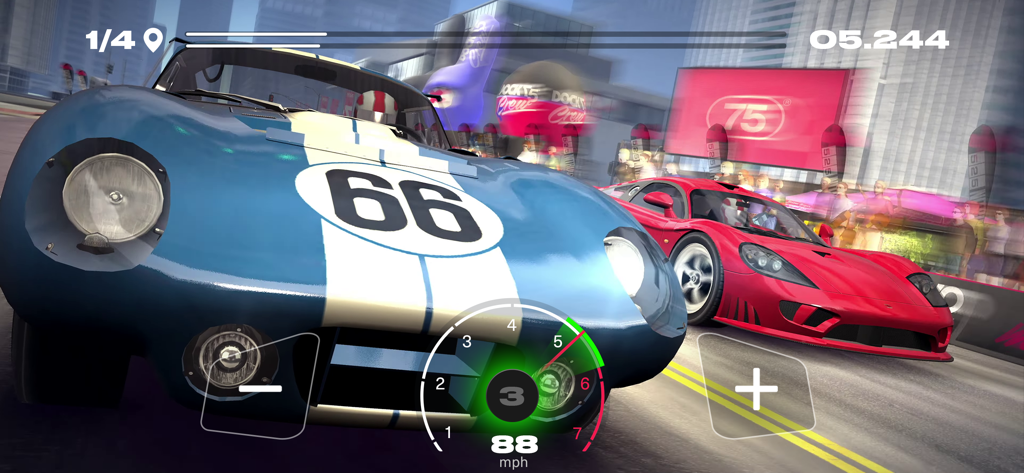 Nitro Nation World Tour - A blue classic race car and a red supercar competing in a head to head drag race