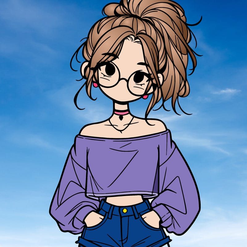 girl with a messy ponytail glasses a baggy crop top and jean shorts