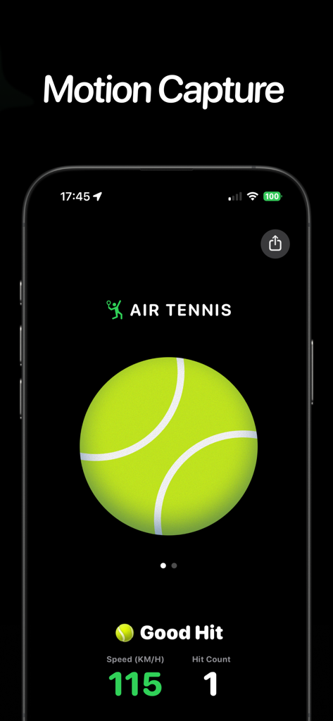 空气网球 - Tennis Swing Simulator - iPhone screen showing Air Tennis motion capture interface with a tennis ball and swing speed statistics