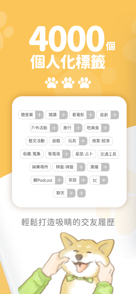 Ein Screenshot der Pikabu App-Oberfläche, der verschiedene Hobby- und Interessen-Tags mit einem niedlichen Shiba Inu Maskottchen zeigt
