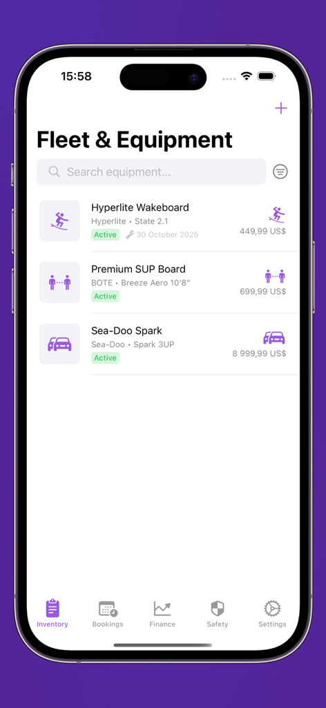 Fleet and equipment inventory list showing marine rental assets including wakeboards, paddleboards, and jet skis with status and pricing.