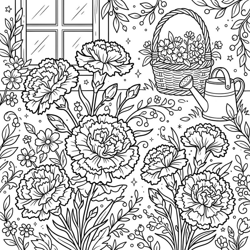 Step into a world of rustic charm with this beautiful carnation coloring page, inspired by the serene Cottagecore aesthetic. Explore a garden filled with intricate flowers, berries, and traditional elements, all ready for your artistic touch.