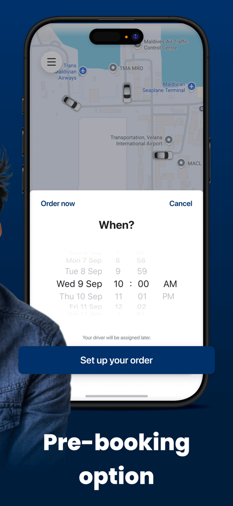 Quick Mv: Maldives Taxi, Male - Quick Mv app interface showing the pre-booking option for a taxi at Velana International Airport in the Maldives.