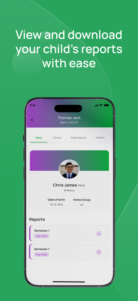 nForma For Parents - nForma app interface showing a student profile and downloadable semester reports
