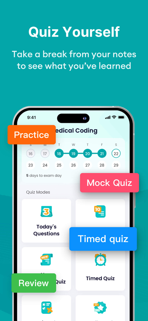 Medical Coding Exam Prep 2026 - Interfaz de aplicación móvil que muestra diferentes modos de estudio y un calendario de progreso para la preparación del examen de codificación médica
