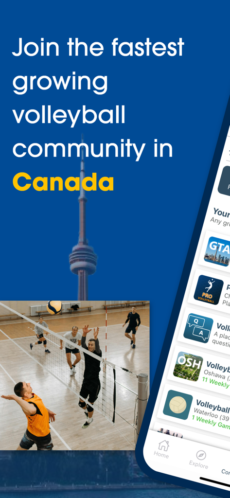 Promotional screen for the Javelin volleyball app in Canada showing players on a court and various regional volleyball groups.