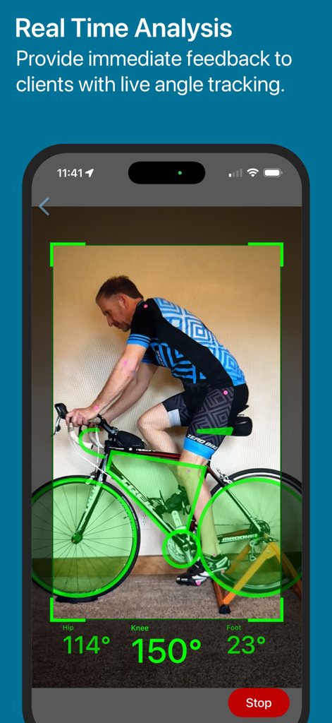 Análisis de ajuste de bicicleta en tiempo real en una aplicación móvil que muestra seguimiento de ángulos en vivo para cadera, rodilla y pie