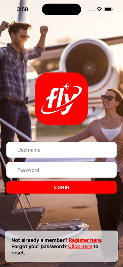 Fly Air - Écran de connexion de l'application de réservation de jets privés Fly Air avec champs nom d'utilisateur et mot de passe et un arrière-plan représentant un jet privé