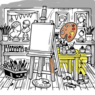 an art studio with canvases, paints, and sculptures