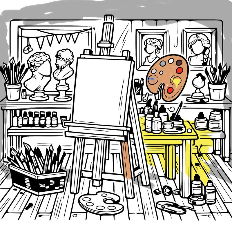 an art studio with canvases, paints, and sculptures