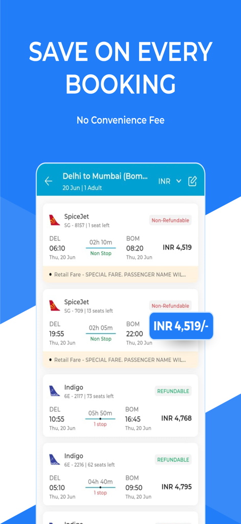 Interface de l'application mobile Happy Easy Trip montrant les résultats de recherche de vols intérieurs de Delhi à Mumbai sans frais de commodité.