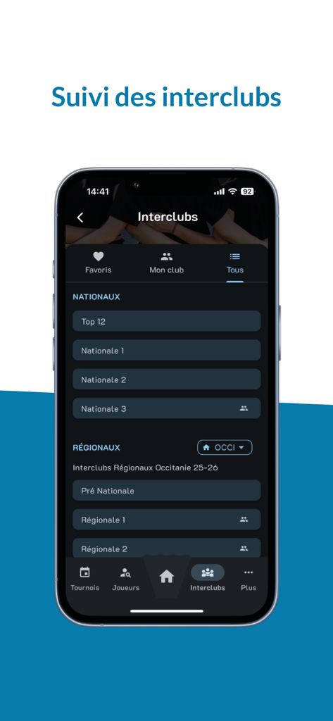 ebad - Un écran de smartphone montrant l'interface de l'application ebad avec une liste des ligues interclubs de badminton nationales et régionales
