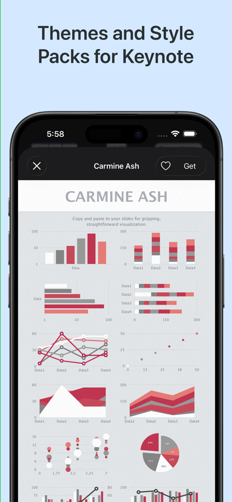 Toolbox for Keynote: Templates - Tela do iPhone mostrando modelos de infográficos e gráficos Carmine Ash para Apple Keynote