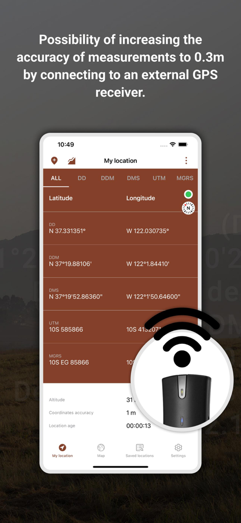 My GPS Coordinates Lite app interface showing external GPS receiver support for high precision accuracy.