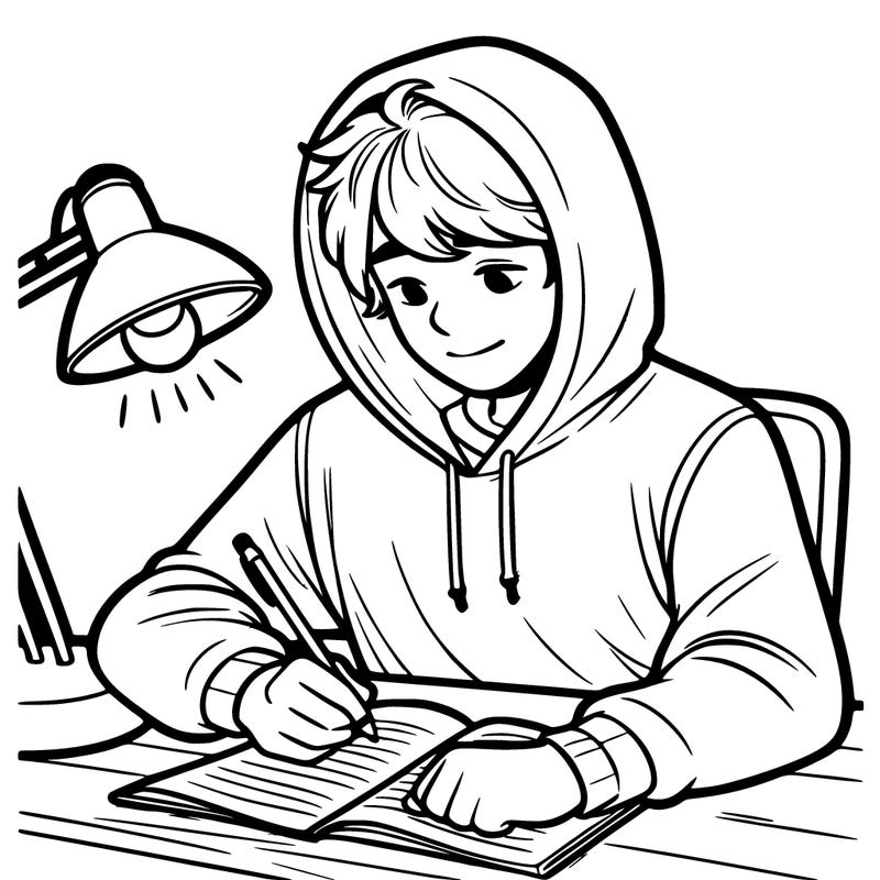 teenage boy with hoodie on writing at his desk with a lamp