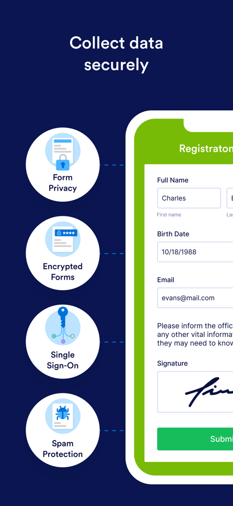 Jotform Enterprise Mobile-Oberfläche, die Sicherheitsfunktionen wie Verschlüsselung und SSO für sichere Datenerfassung anzeigt