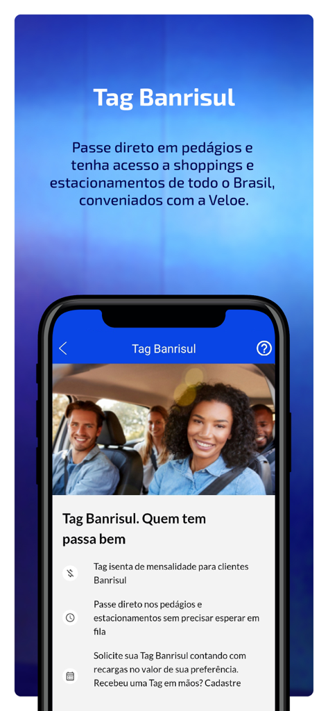 Schermata dell'app mobile Banrisul che mostra il servizio Tag Banrisul per pagamenti automatici di pedaggi e parcheggi