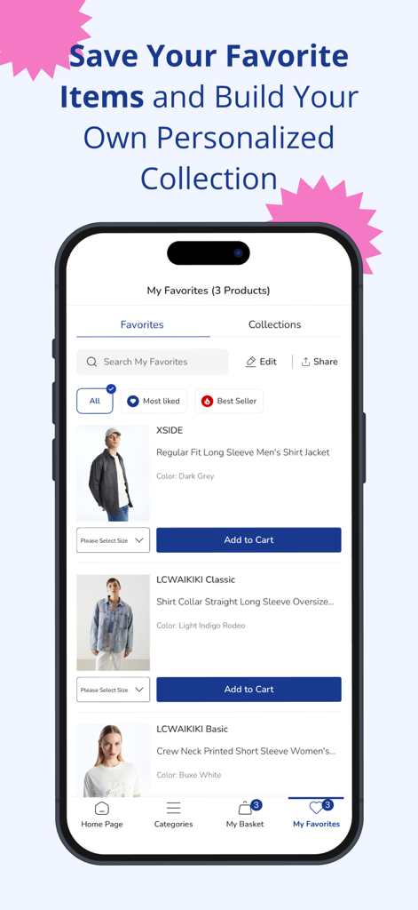 Pantalla de la aplicación LC Waikiki mostrando la sección de mis favoritos con artículos de ropa guardados y botones para agregar al carrito
