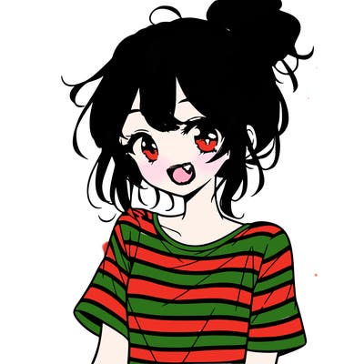 anime girl teenager striped shirt and smile and messy bun
