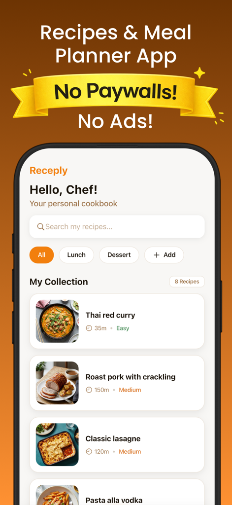 Recipes & Meal Plan - Receply - La pantalla de inicio de la aplicación Receply mostrando una colección de recetas y un banner destacando sin anuncios y sin muros de pago.