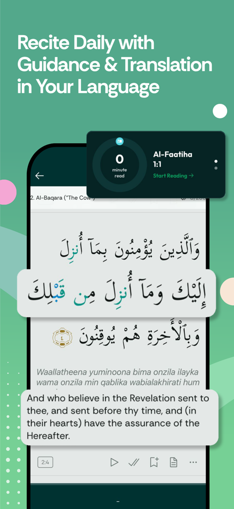 Captura de tela do aplicativo Muslim Pro mostrando versos do Alcorão em árabe com tradução e orientação em inglês