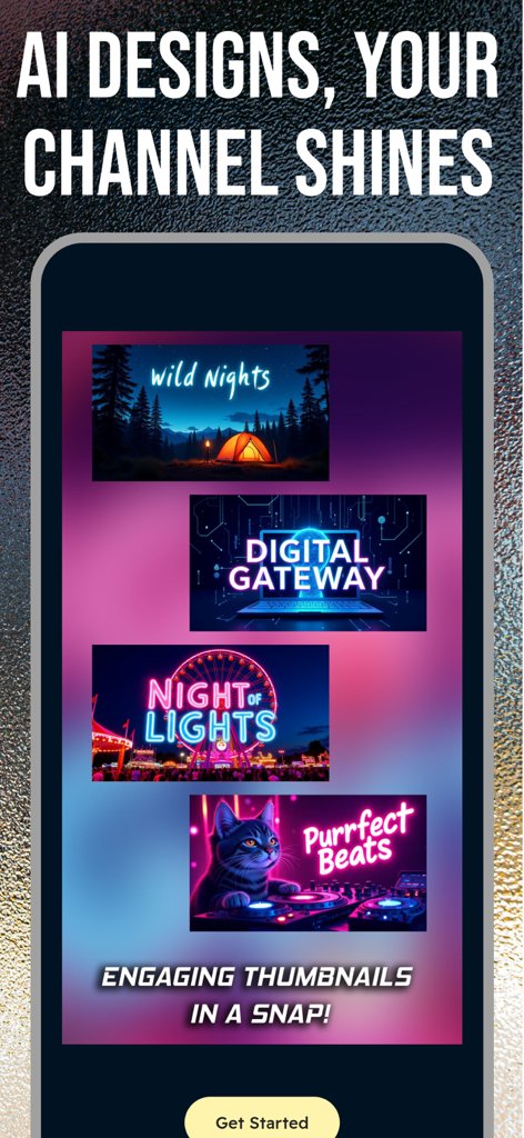 Thumbnail Maker: YT Studio Art - Una colección de miniaturas creativas de YouTube generadas por IA mostradas en la pantalla de un smartphone