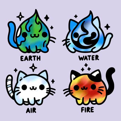 4 cats that represent the different elements, earth, water, air, and fire
