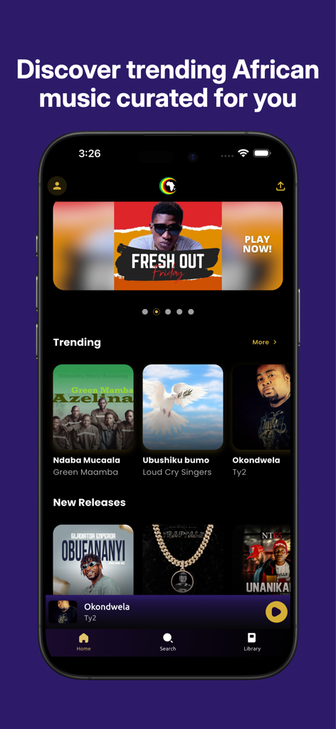 AfroCharts mobile app home screen showing trending African songs and new music releases