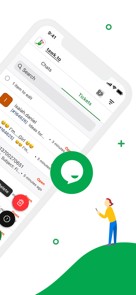 Tawk.to mobile app screen showing customer support tickets and live chat management