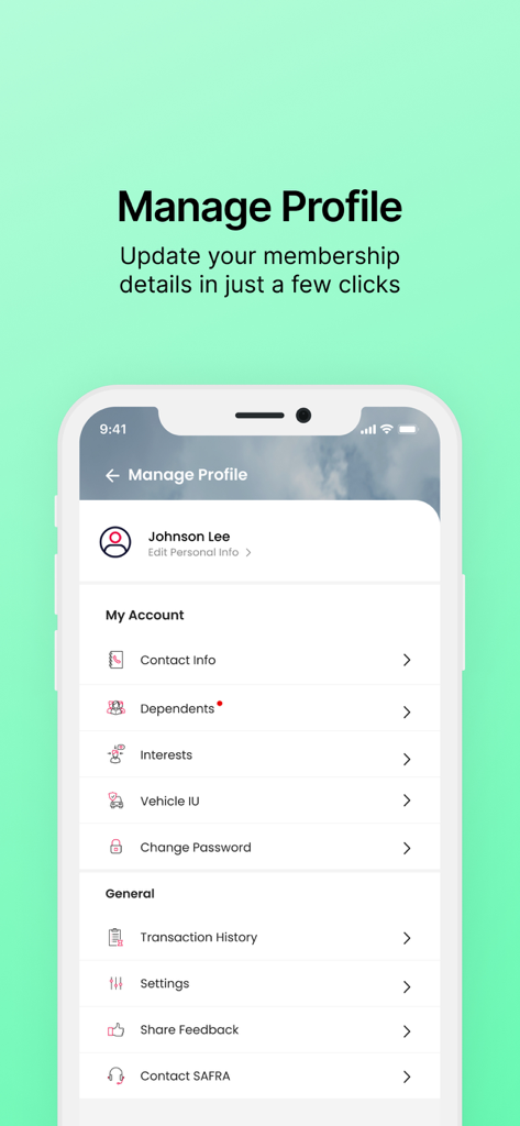 A screenshot of the SAFRA mobile app Manage Profile screen showing membership and account settings.