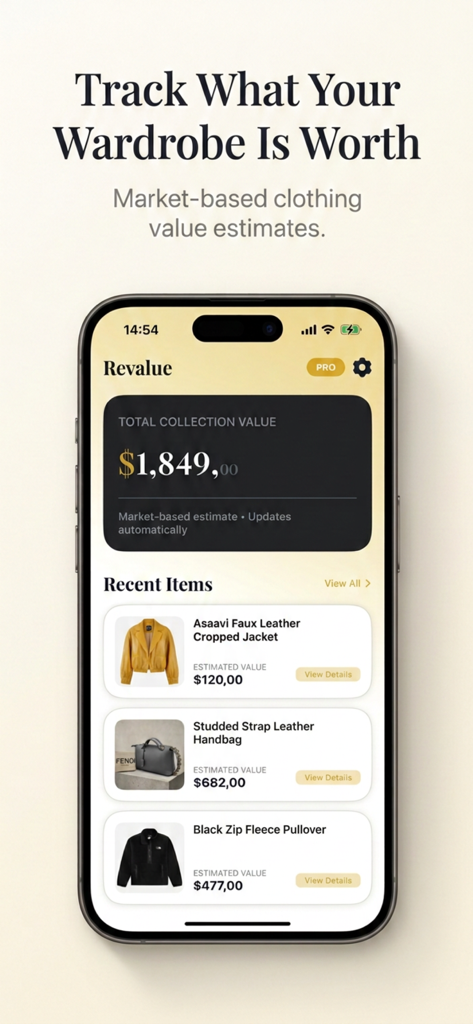 Tableau de bord mobile montrant la valeur totale de la collection de l'application Revalue et les prix estimés pour les vêtements scannés