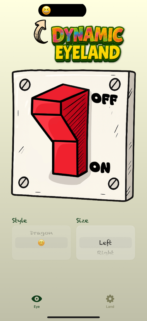 La pantalla de la aplicación Eyeland mostrando un gran interruptor rojo activado con configuraciones de estilo y tamaño.