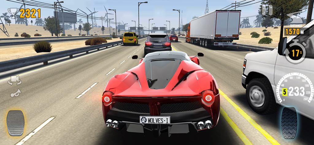 Red sports car racing through highway traffic in a desert setting