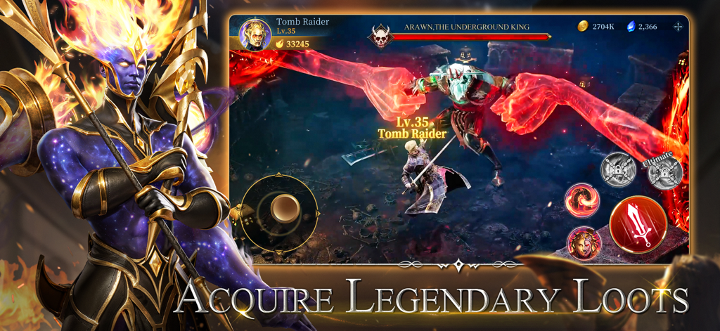 Ever Legion - Hero character fighting a giant boss in Ever Legion fantasy RPG with legendary loot text