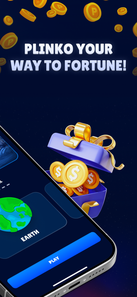 Plinko Real Casino Game - Promotional screen for Plinko Real Casino Game showing a gift box with gold coins and the slogan Plinko Your Way to Fortune